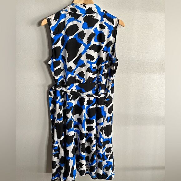 Calvin Klein Blue Black Abstract Animal Print Faux Wrap Dress Size 16 - Picture 8 of 8